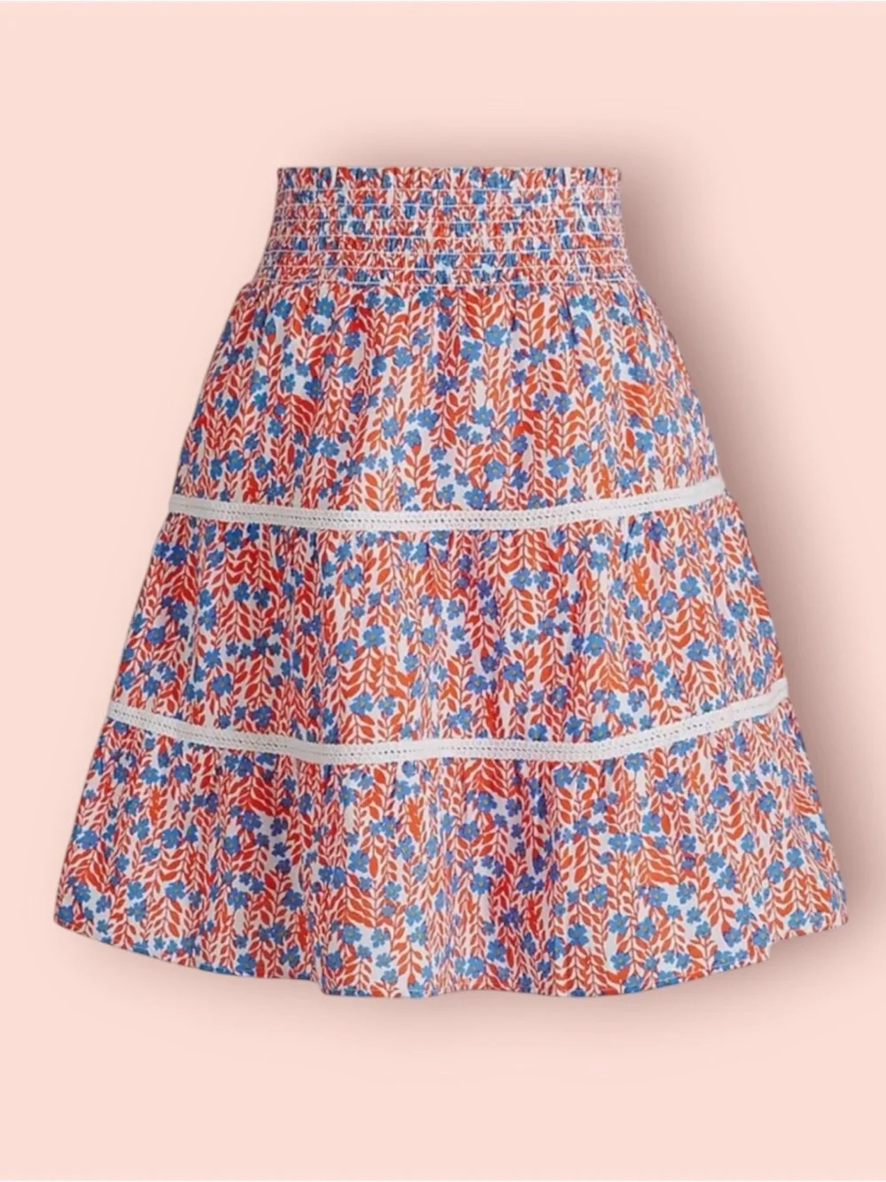 J. CREW Smocked Tiered Mini Bohemian Red Sail Blue Skirt